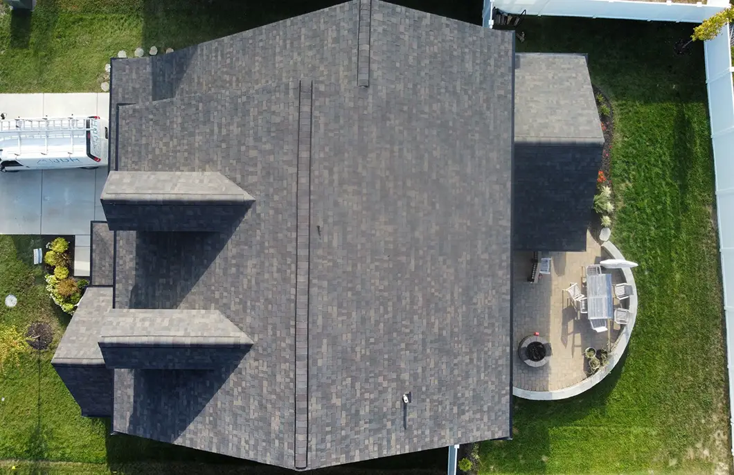 Roof replacement in California MD aerial drone view