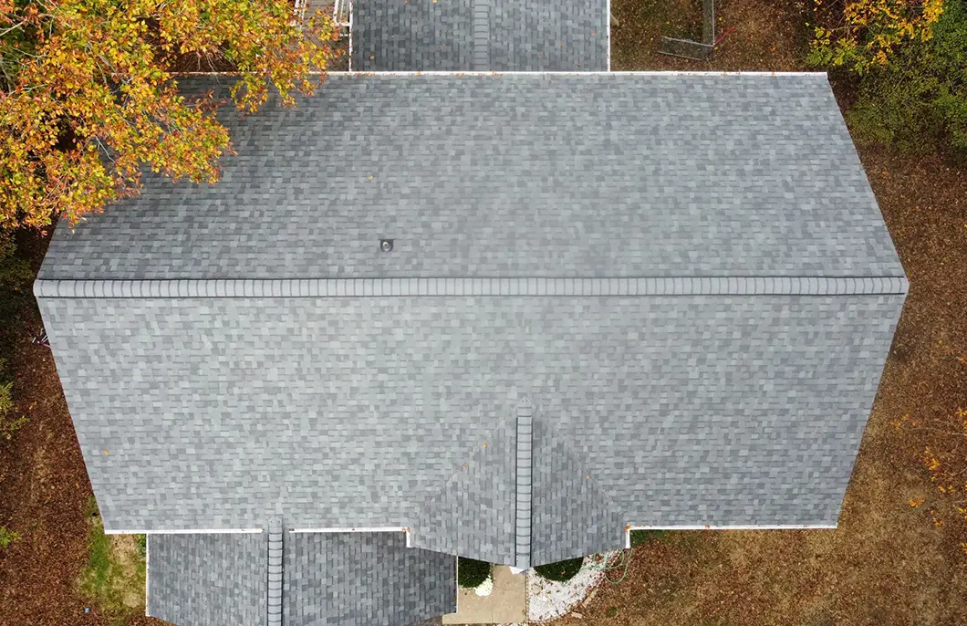 JDH Remodeling aerial completed Owens Corning Duration Estate Gray asphalt shingle roof on a Hughesville Maryland residential home from the MD-231 horse-country corridor portfolio