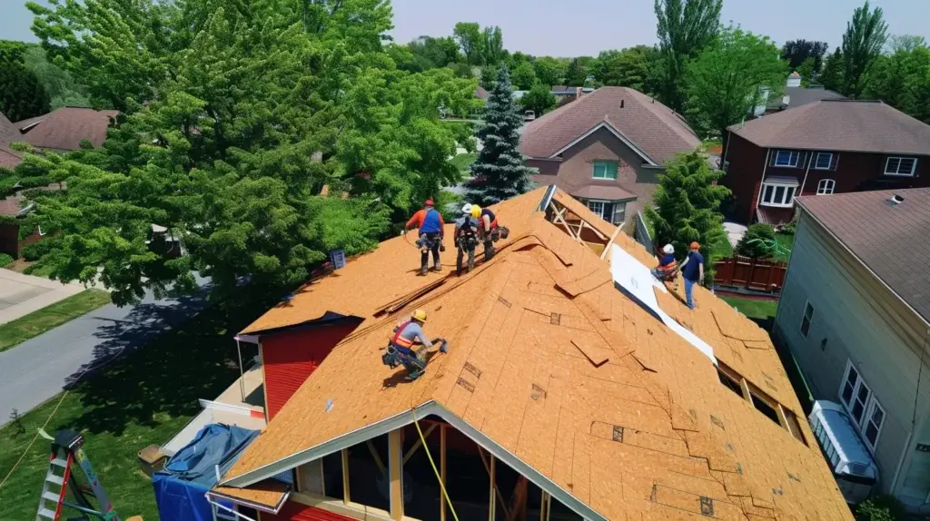 a dynamic aerial view of a roof installation in progress, showcasing skilled workers replacing shingles under bright sunlight, capturing the precision and teamwork involved in transforming a home's exterior.