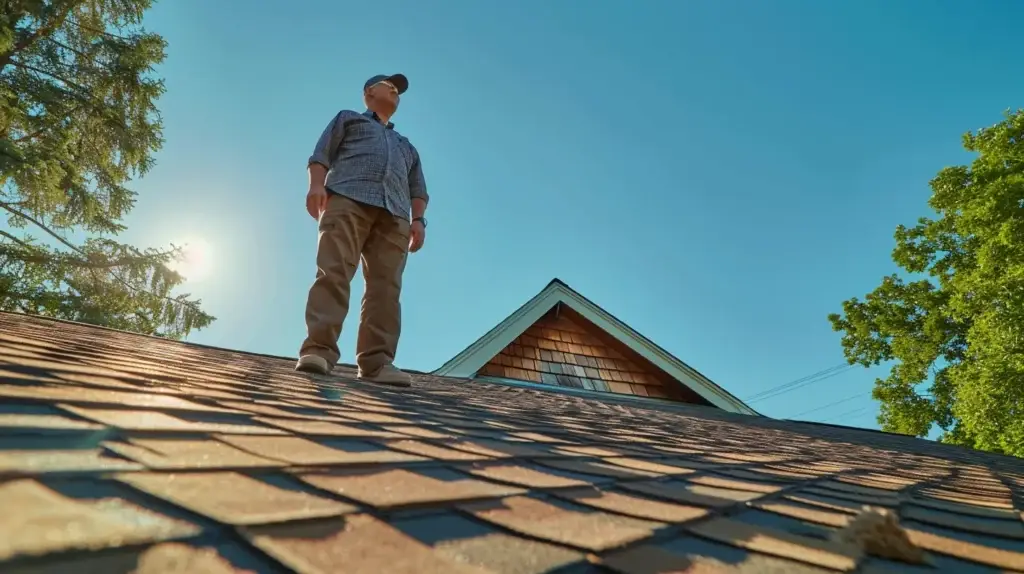 a seasoned roofing contractor inspects a beautifully shingled home under a clear blue sky, showcasing their expertise and professionalism in a setting that emphasizes reliability and quality in roofing solutions.