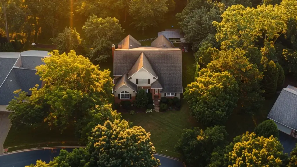 a stunning aerial view of a well-maintained southern maryland home with a freshly installed roof, glistening under the warm sunlight, showcasing the harmony between modern design and nature in a vibrant neighborhood.