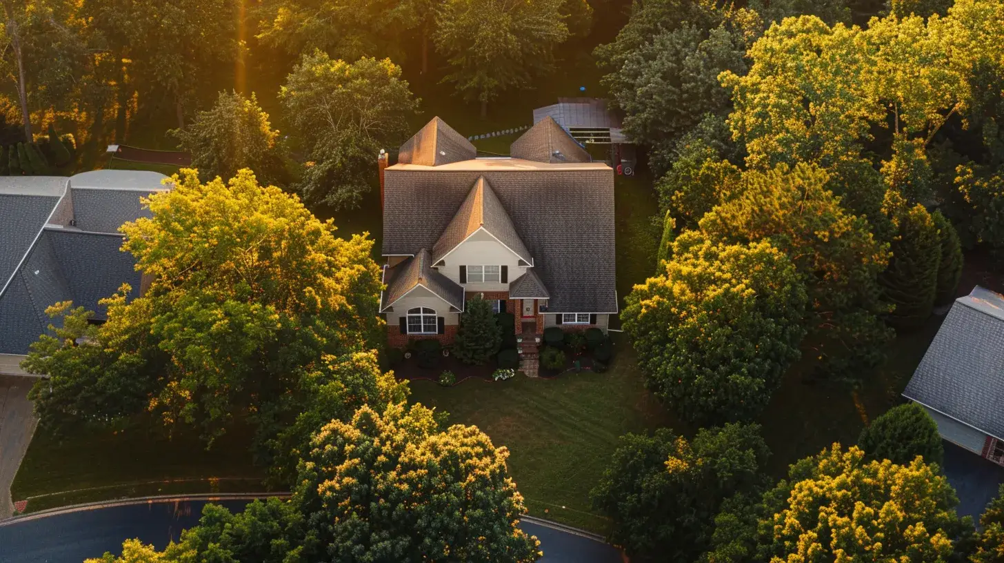 a stunning aerial view of a well-maintained southern maryland home with a freshly installed roof, glistening under the warm sunlight, showcasing the harmony between modern design and nature in a vibrant neighborhood.