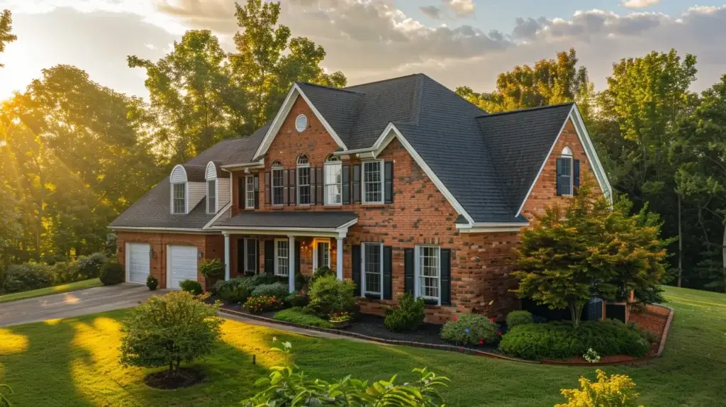 a sunlit southern maryland home showcases a pristine, well-maintained roof adorned with lush greenery, emphasizing the importance of routine maintenance for longevity and protection against the elements.