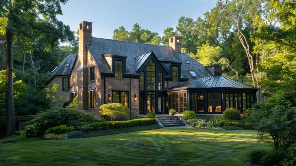 a vibrant southern maryland home showcases a stunning slate roof, reflecting sunlight against a backdrop of lush greenery, encapsulating the essence of durability and aesthetic appeal in roofing choices.