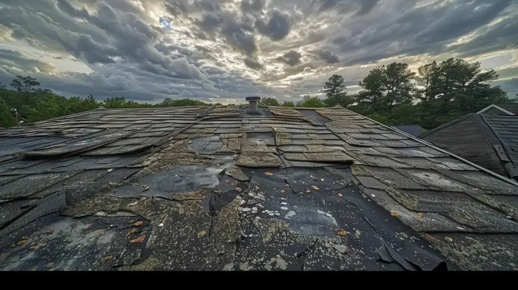 a weathered flat roof in southern maryland, showing visible signs of wear and weather-related damage, underdramatic storm clouds, emphasizing the importance of timely maintenance for homeowners.