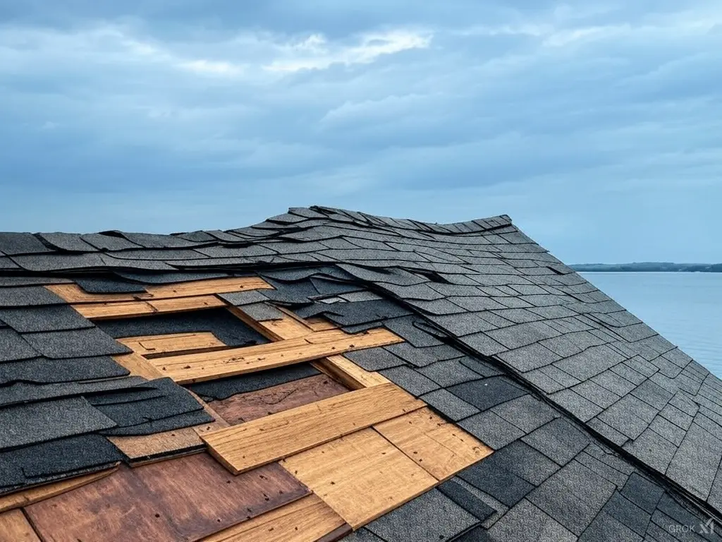 Major storm damage to a roof in California MD. Repaired by a storm damage roofer.