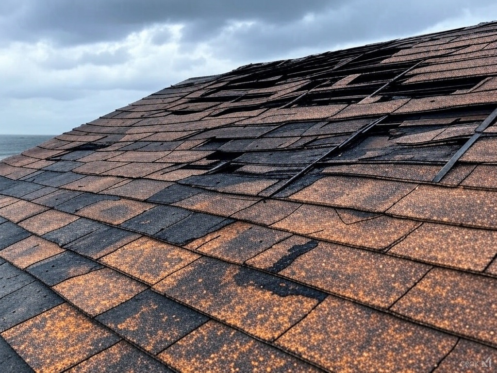 Damaged roof shingles under cloudy sky.