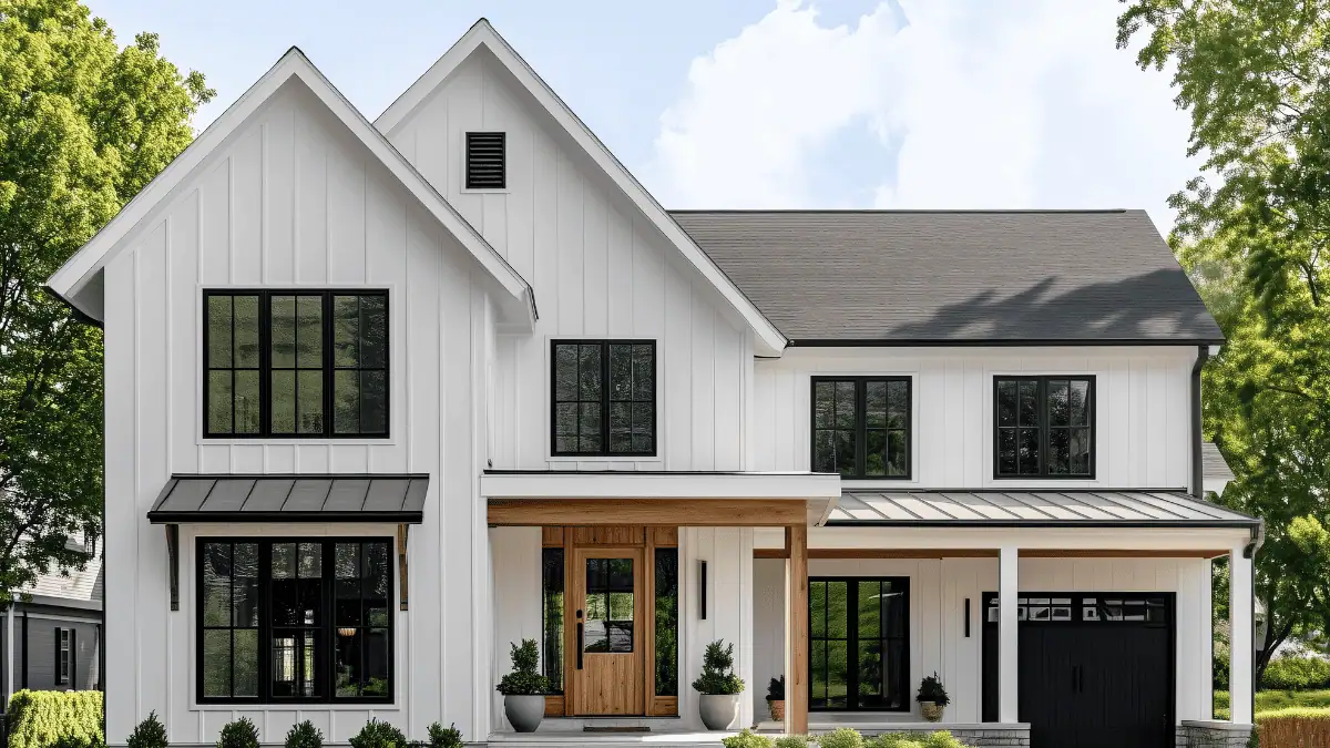 JDH Remodeling modern farmhouse exterior showcasing white siding, black windows, metal roofing, and wood entry door with covered porch on a Fredericksburg Virginia home