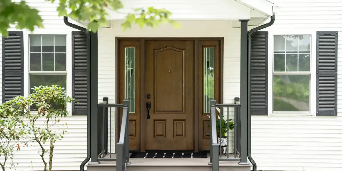 New dark wood ProVia entry door with sidelights installed on Maryland home by JDH Remodeling