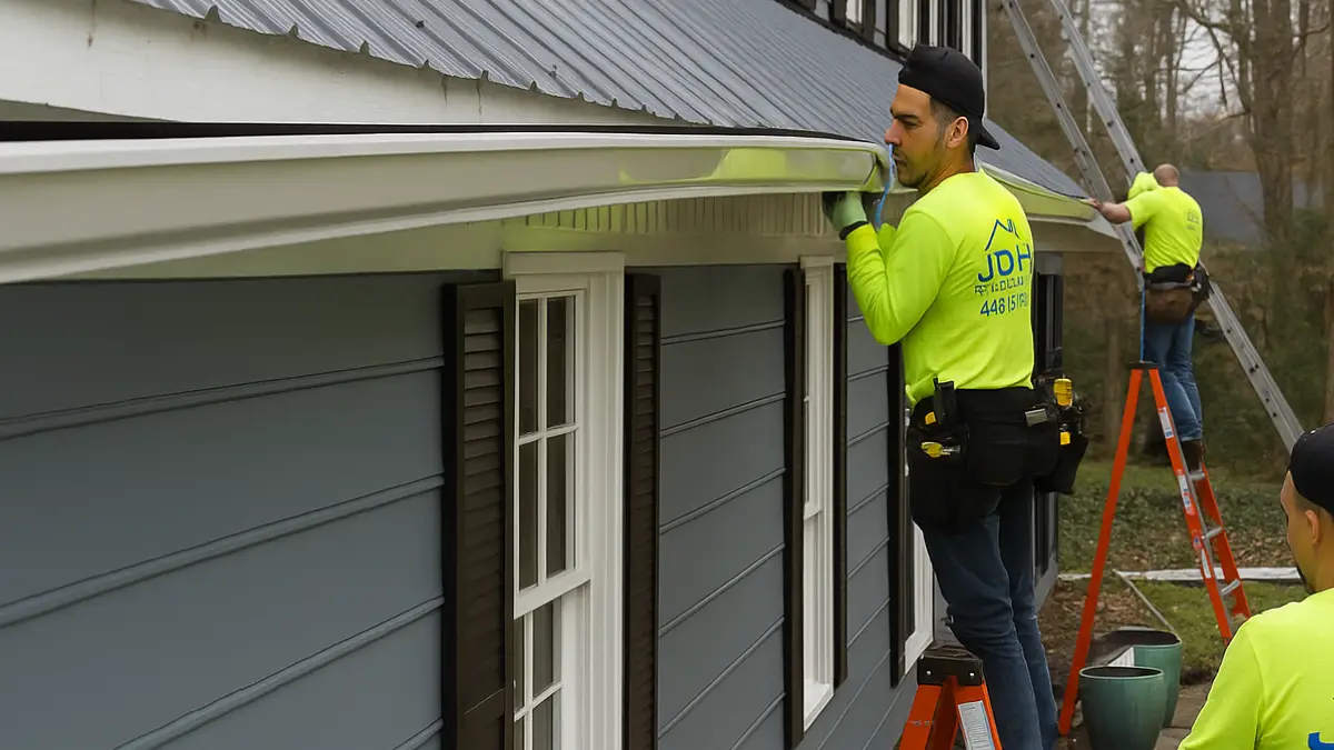 JDH Remodeling crew installing seamless gutters on a Maryland residential home during a financed gutter-replacement project