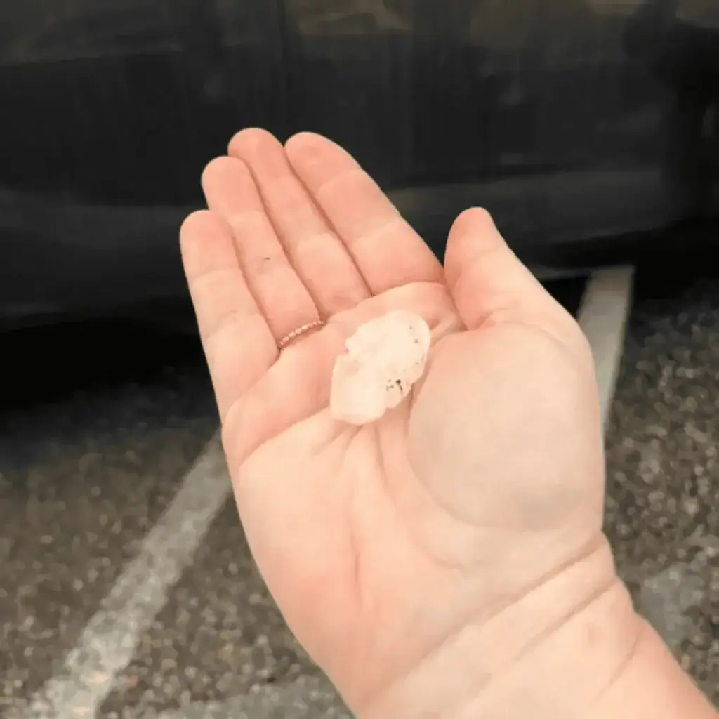 Hand holding quarter-size and half-dollar-size hailstones from the May 22, 2025, severe thunderstorm in Lexington Park, MD. The storm, affecting Great Mills, California, and Leonardtown in St. Mary’s County, brought 60 mph winds and hail damage to homes and vehicles.