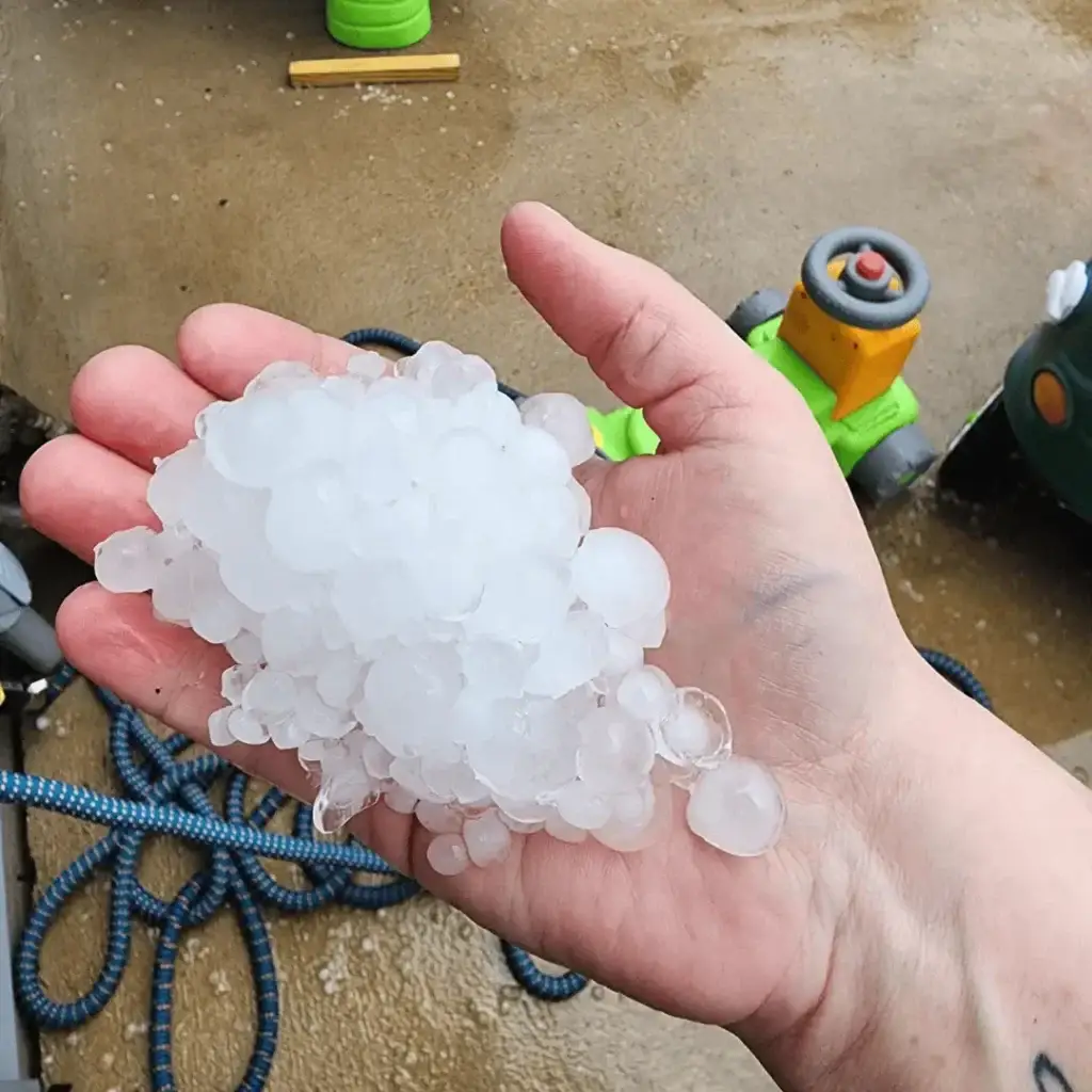 Hand holding half-dollar-size hailstones from the May 22, 2025, severe thunderstorm in California, MD. The storm, impacting St. Mary’s County including Lexington Park and Leonardtown, brought 60 mph winds and hail, causing damage near Wildewood and the airport.