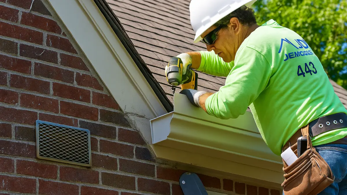JDH Remodeling contractor installing new seamless gutters on a brick Maryland home during a financed gutter-replacement project