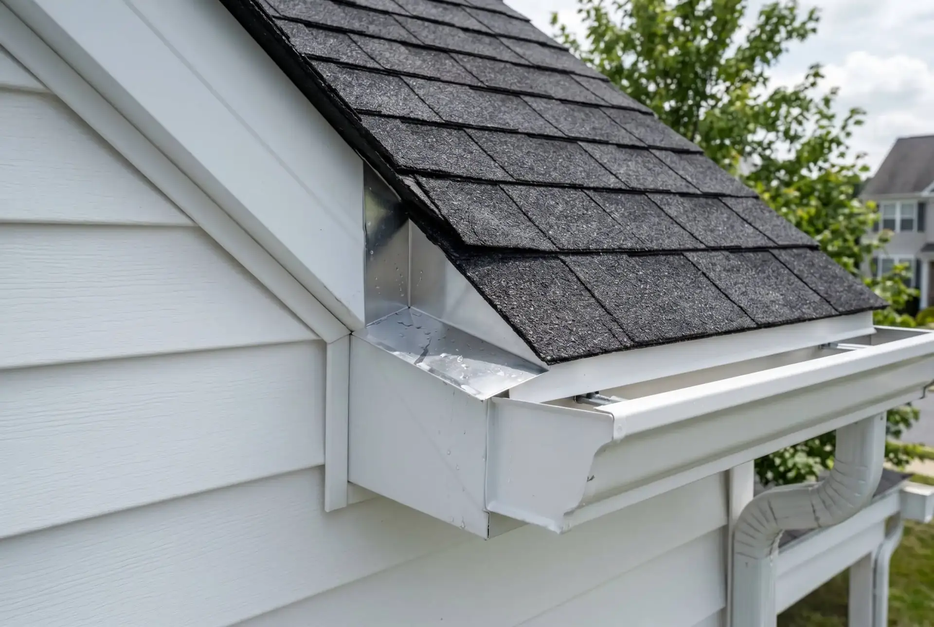 JDH Remodeling metal flashing detail integrating with the standing seam panel and gutter