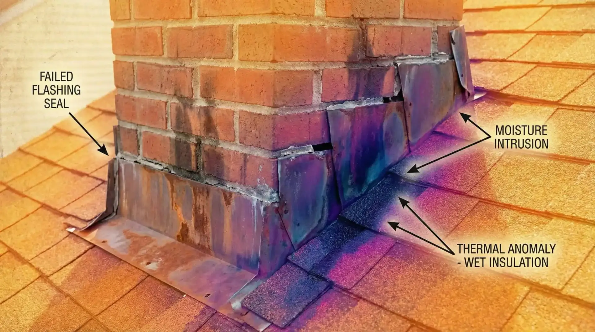 Thermal imaging showing failed chimney flashing seal causing moisture intrusion into Maryland attic insulation