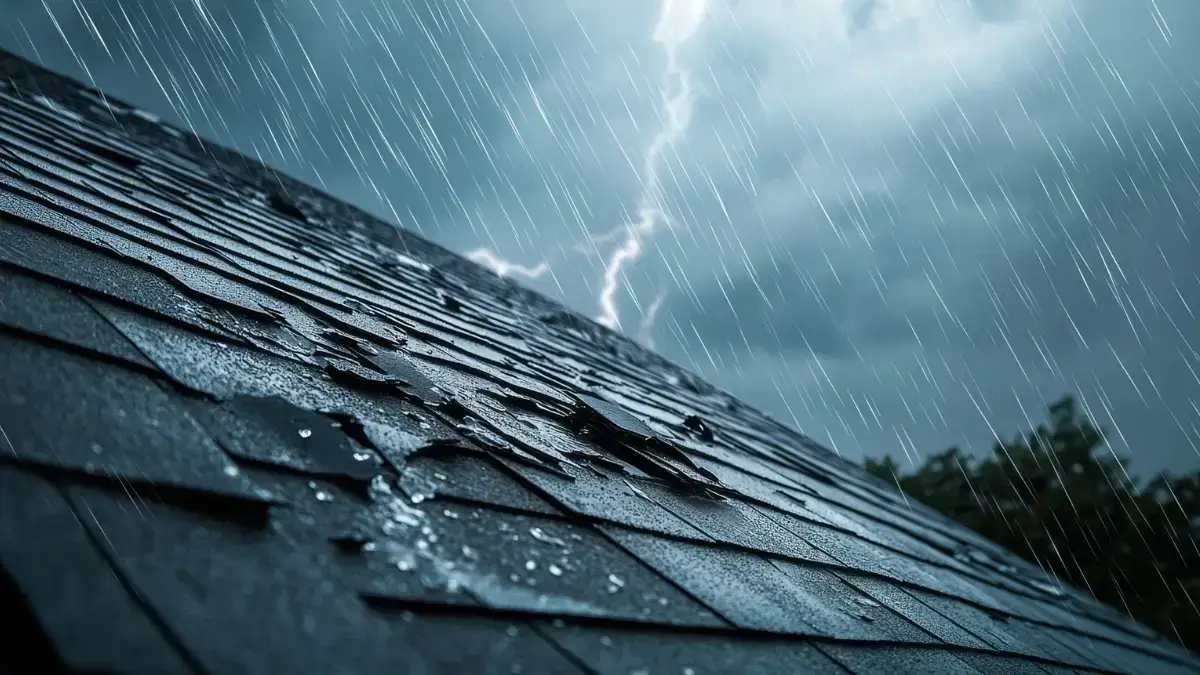 Storm-damaged asphalt roof during heavy rainfall