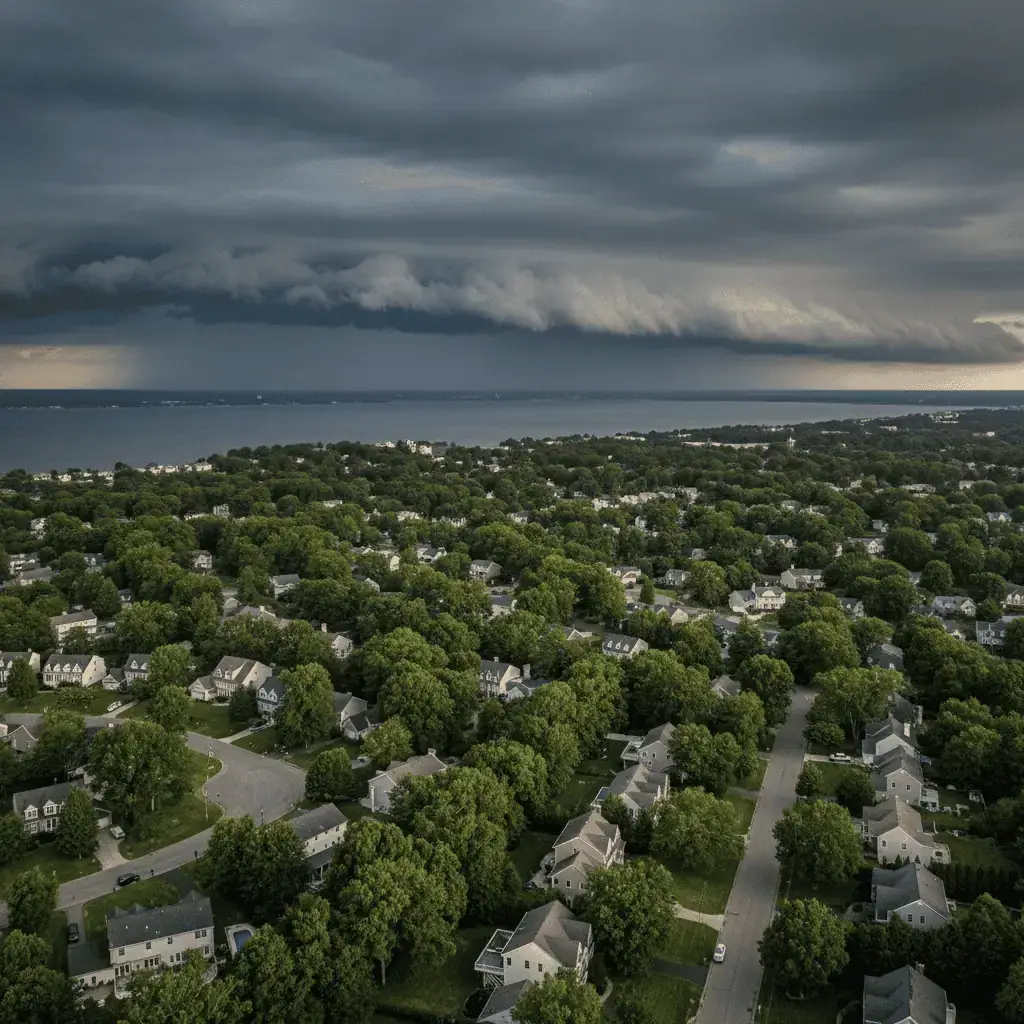 Aerial view of Prince Frederick, Maryland residential neighborhood showing homes exposed to Chesapeake Bay wind patterns that cause roof damage