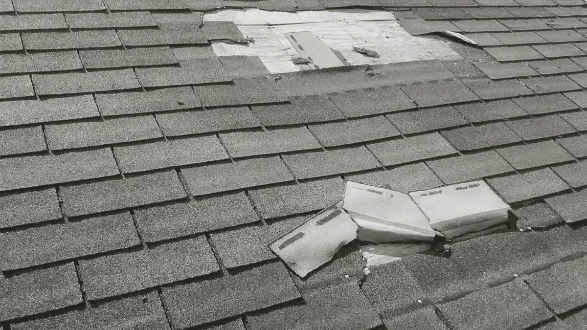 Wind storm damage with missing shingles on a residential roof in Maryland