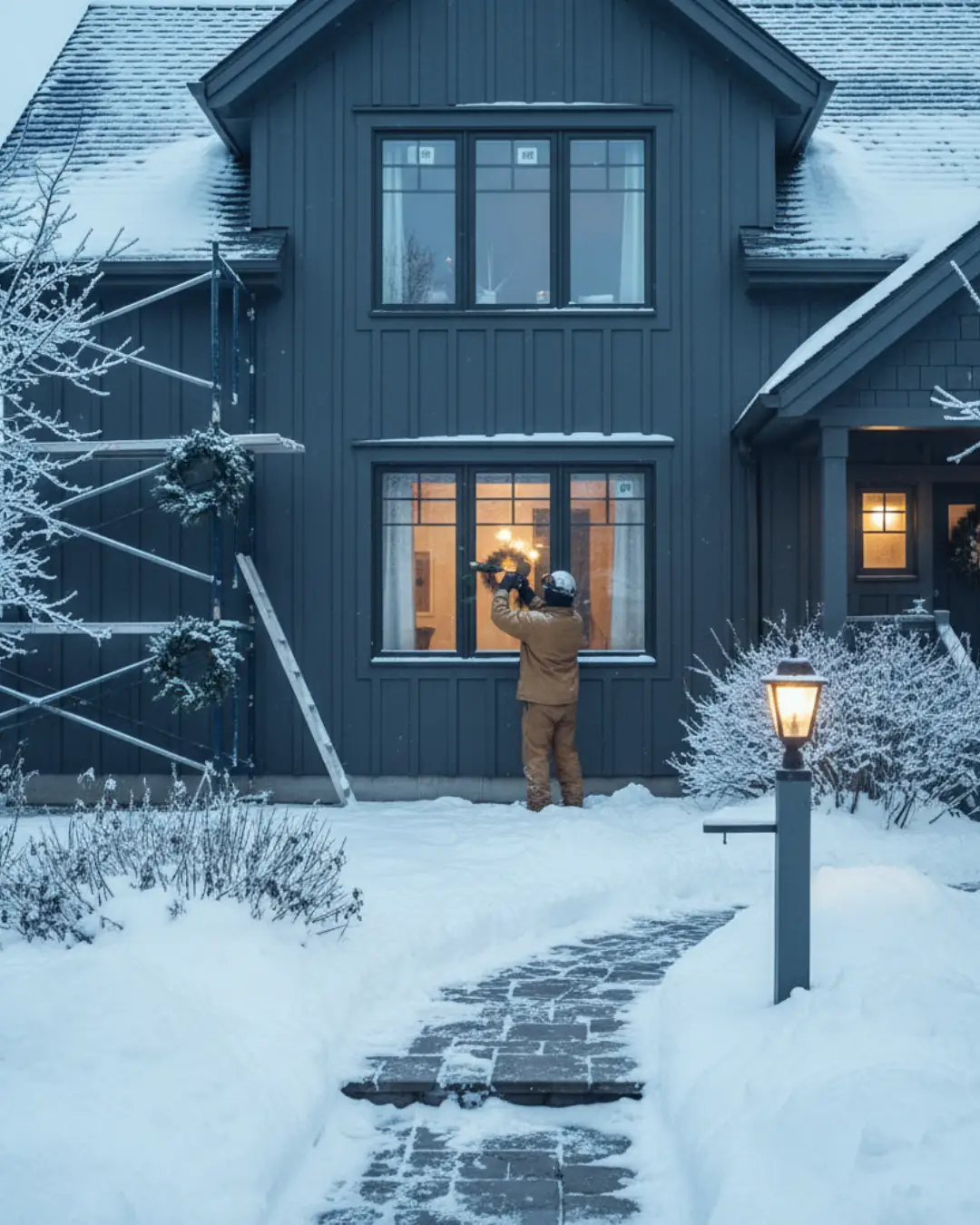 Maryland home with installed windows glowing warmly at dusk during winter season when maintenance focuses on heating and ice prevention