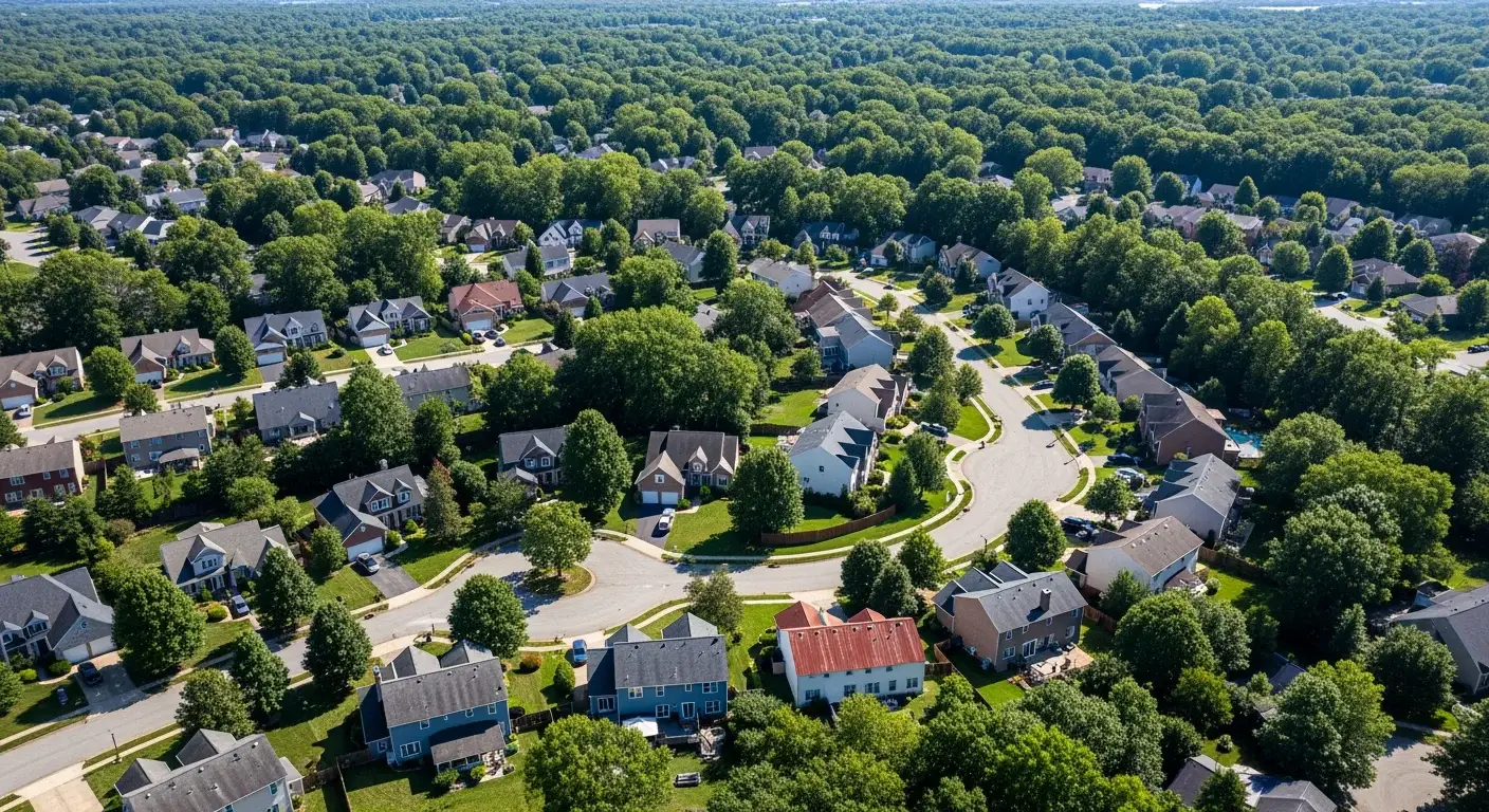 Aerial view of a Bowie Maryland residential area served by JDH Remodeling showing the Belair Levitt tract and surrounding 20715, 20716, 20720, and 20721 housing inventory