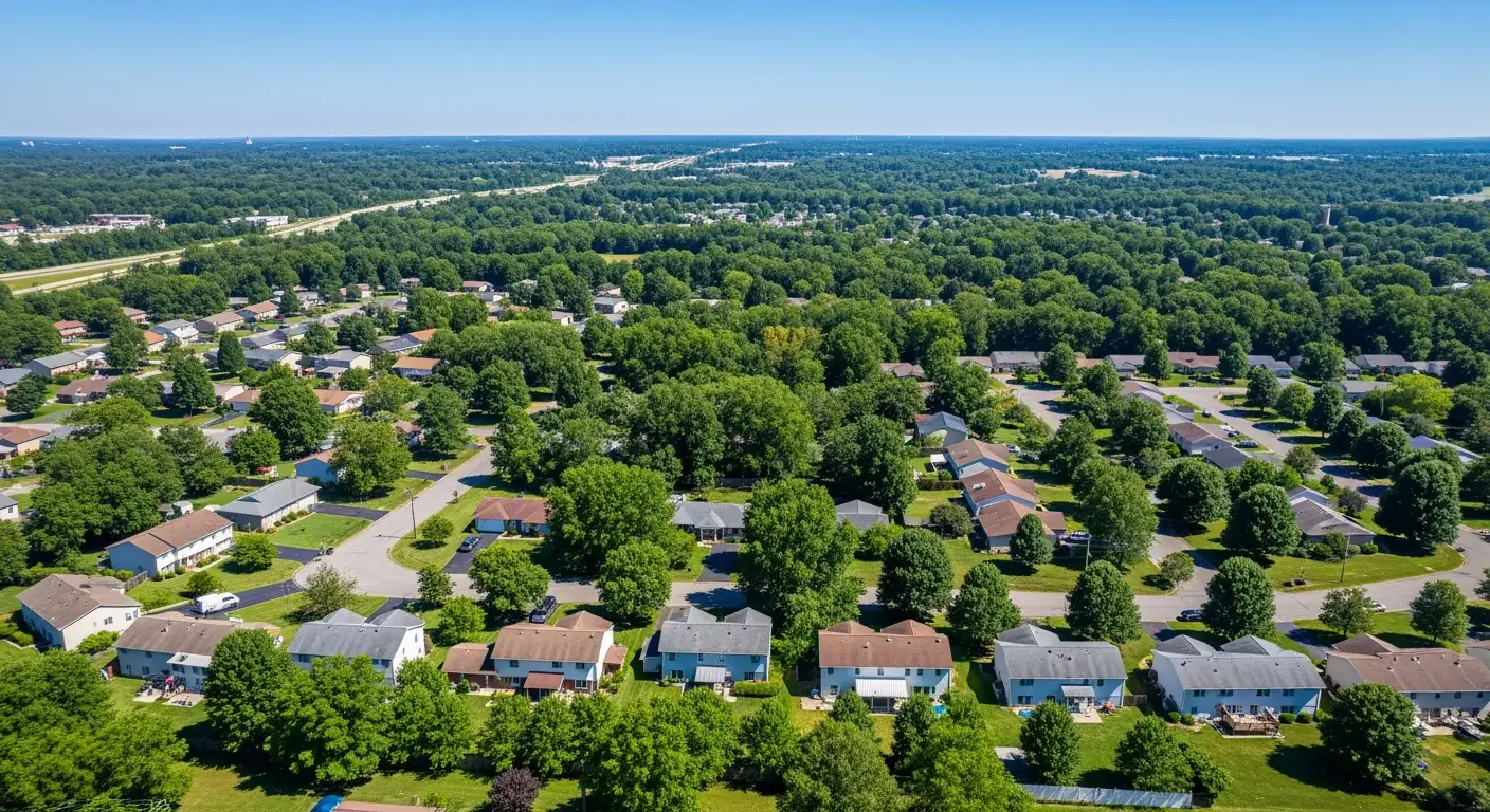 Aerial view of a Bryans Road Maryland residential neighborhood with multiple homes featuring dark Owens Corning Duration Black Sable roofing and manicured lawns documented by JDH Remodeling