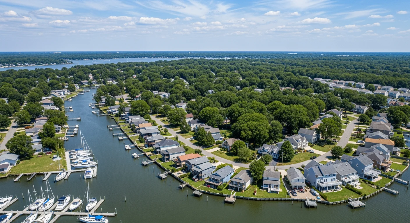 Aerial view of a Deale Maryland residential neighborhood with multiple homes featuring dark Owens Corning Duration Black Sable roofing and manicured lawns documented by JDH Remodeling