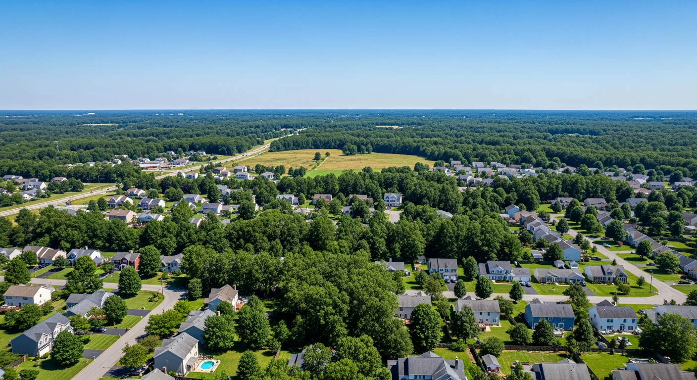 Aerial view of a Hollywood Maryland residential neighborhood with multiple homes featuring dark Owens Corning Duration Black Sable roofing and manicured lawns documented by JDH Remodeling