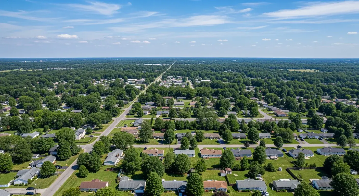Aerial view of a Owings Maryland residential neighborhood with multiple homes featuring dark Owens Corning Duration Black Sable roofing and manicured lawns documented by JDH Remodeling