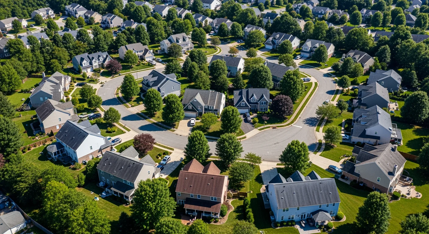 Aerial view of a Port Republic Maryland residential neighborhood with multiple homes featuring dark Owens Corning Duration Black Sable roofing and manicured lawns documented by JDH Remodeling