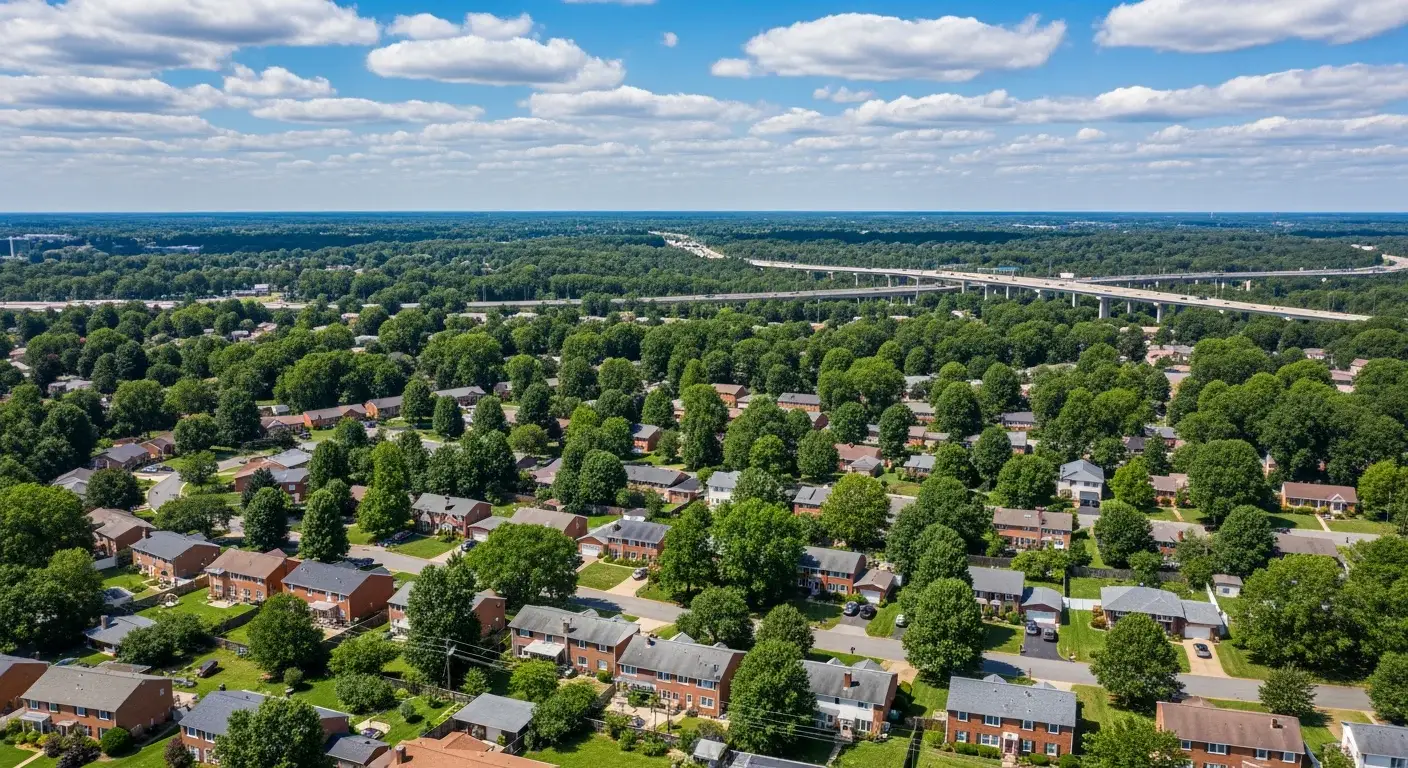 Aerial view of a Springfield Virginia residential neighborhood with multiple homes featuring dark Owens Corning Duration Black Sable roofing and manicured lawns documented by JDH Remodeling