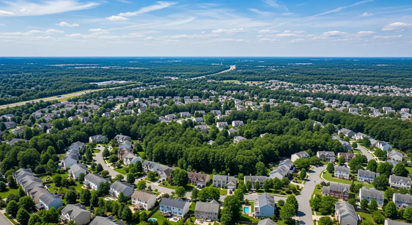 Aerial view of a Stafford Maryland residential neighborhood with multiple homes featuring dark Owens Corning Duration Black Sable roofing and manicured lawns documented by JDH Remodeling