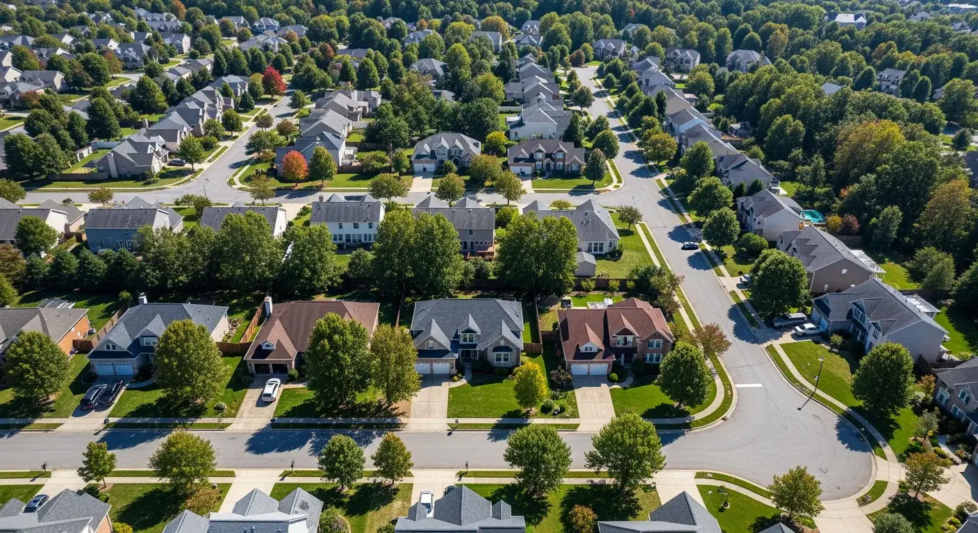 JDH Remodeling aerial drone view of a Prince George's County Maryland residential neighborhood with multiple completed asphalt shingle roofs representing the 1950s rancher 1970s to 90s split-level and 2000s production-builder 2-story housing pool served by JDH inside Clinton 20735