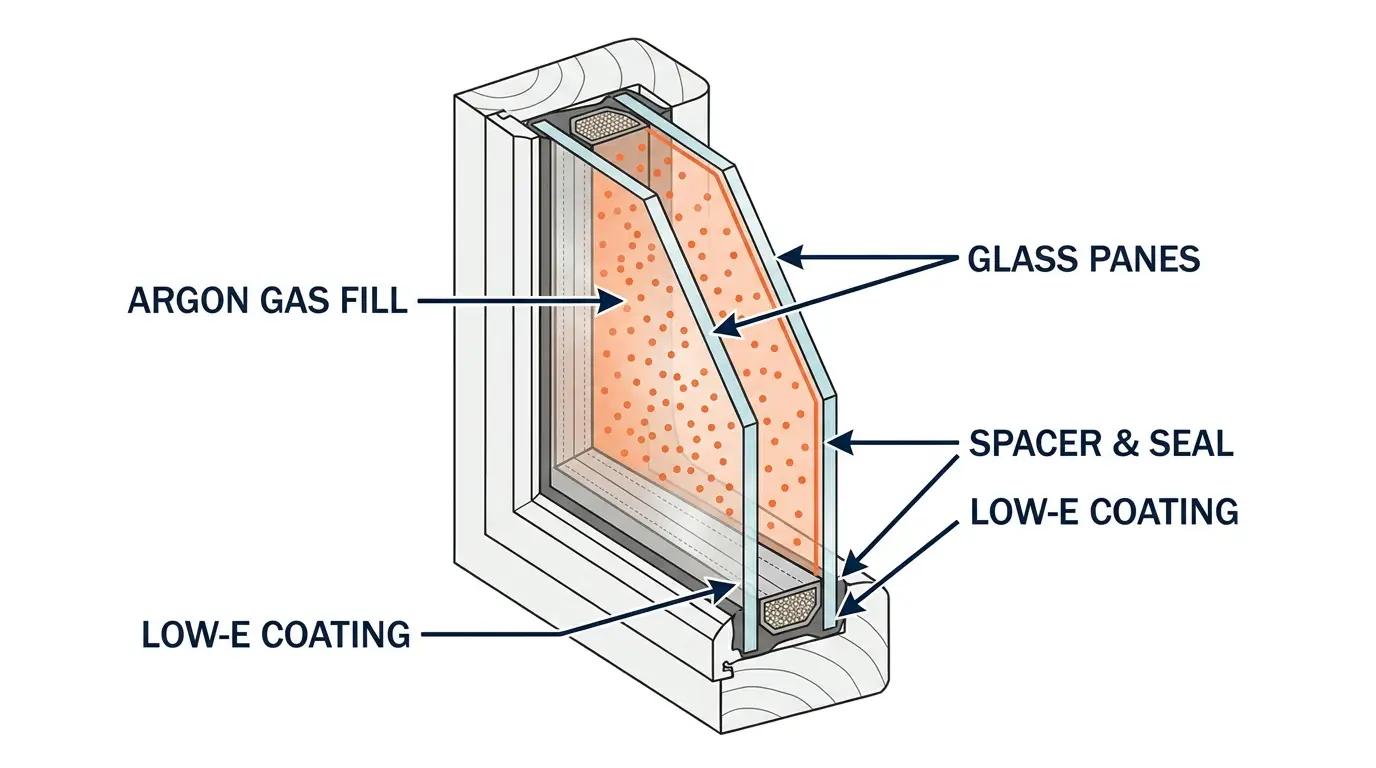 Cross-section diagram of an insulated glass unit on a Maryland home, labeled illustration showing the argon gas fill in the sealed cavity between the glass panes