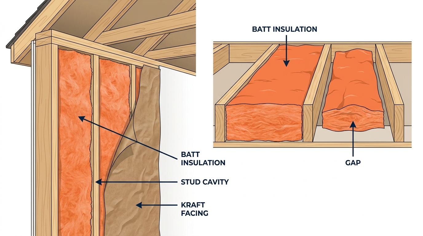Cutaway diagram of a wall and attic on a Maryland home, labeled illustration showing batt insulation in the stud cavities, the kraft facing, and a poorly fitted gap