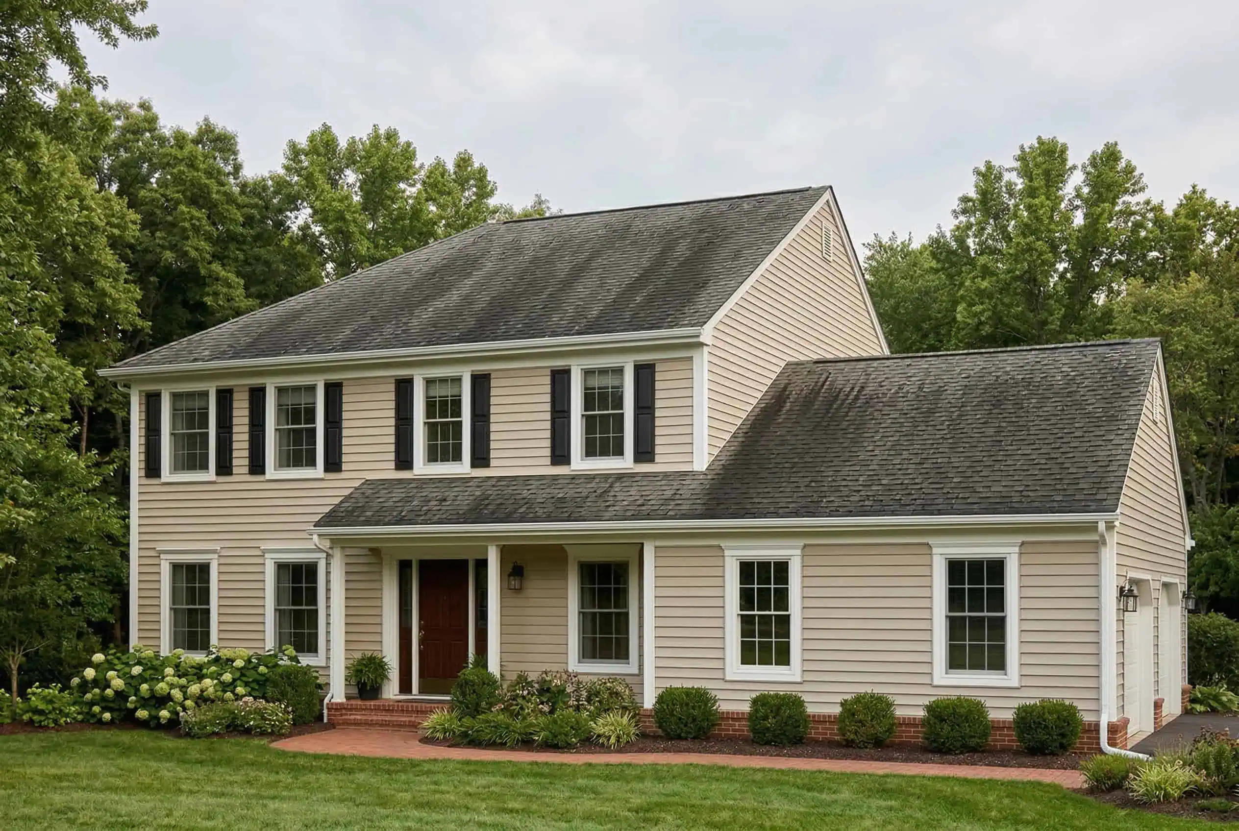 Aging asphalt shingle roof with granule loss and weathering on colonial home in Prince Frederick, MD — before JDH Remodeling replacement