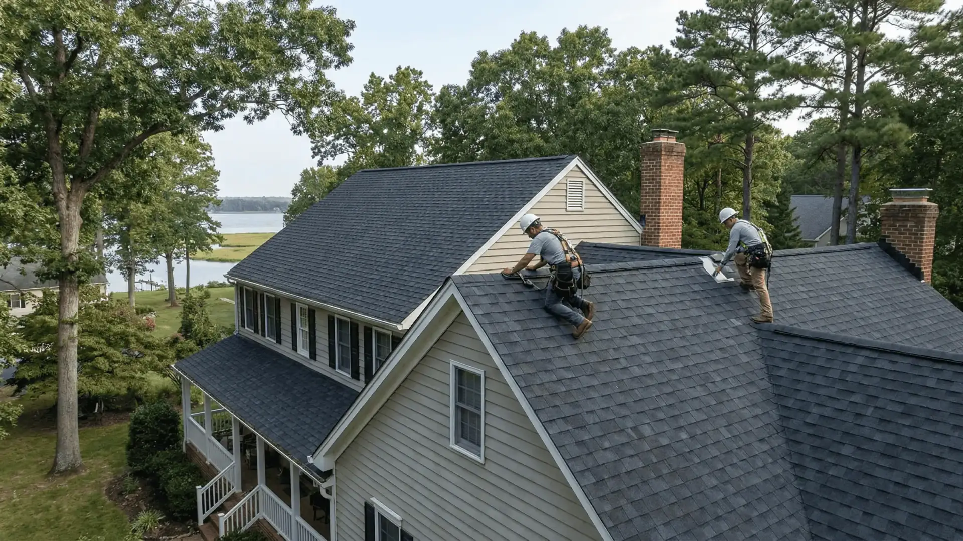 JDH Remodeling aerial overhead of two Port Republic Maryland homes with dark asphalt shingle roofs and manicured landscaping