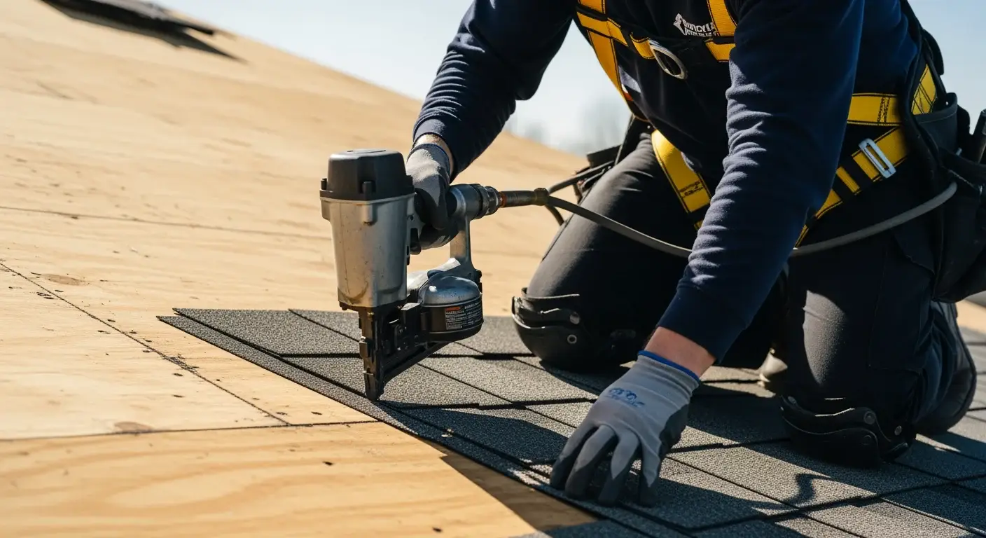 JDH Remodeling roofing crew member fastening architectural asphalt shingles on a Maryland home