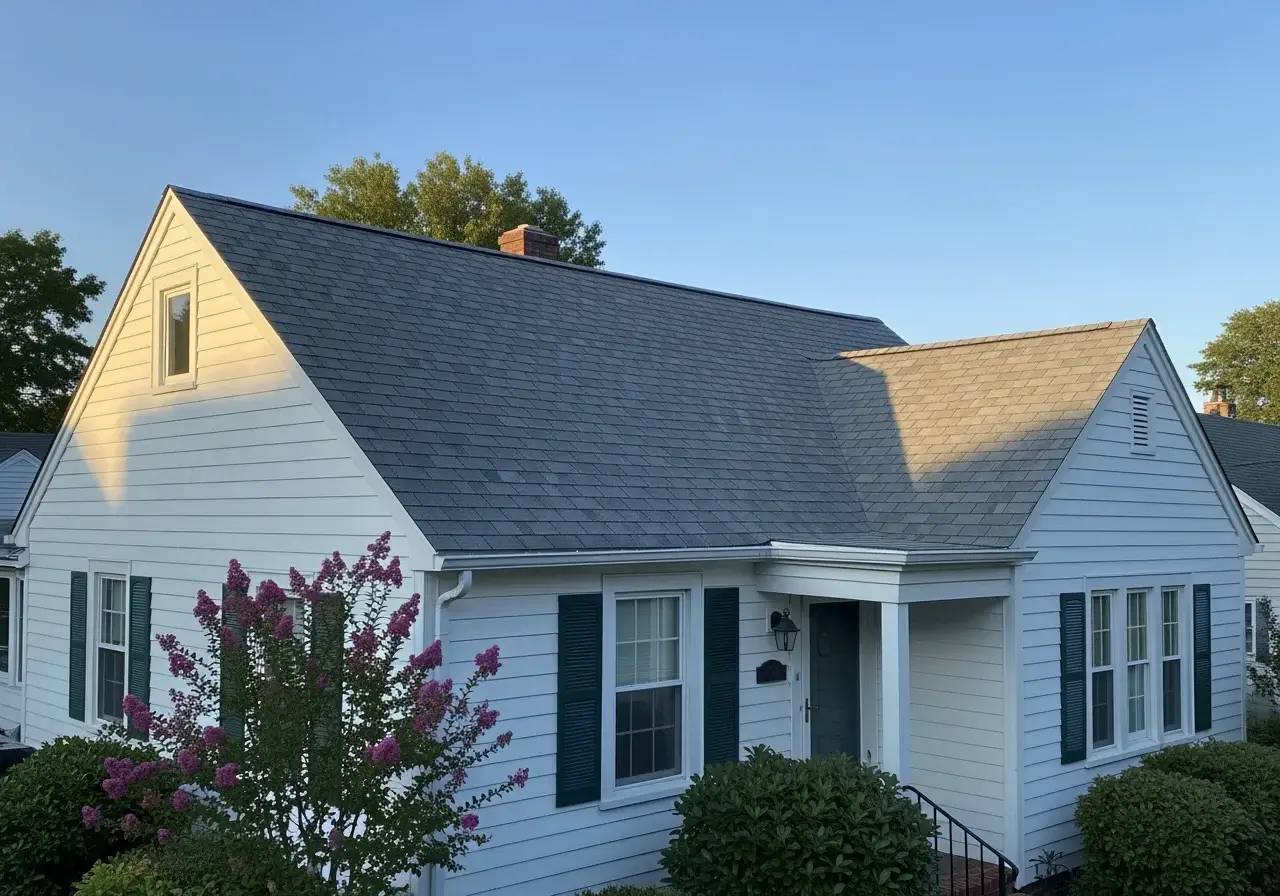 JDH Remodeling aerial completed Owens Corning Duration Estate Gray asphalt shingle roof replacement on a two-story Deale Maryland colonial inside the Southern High School catchment
