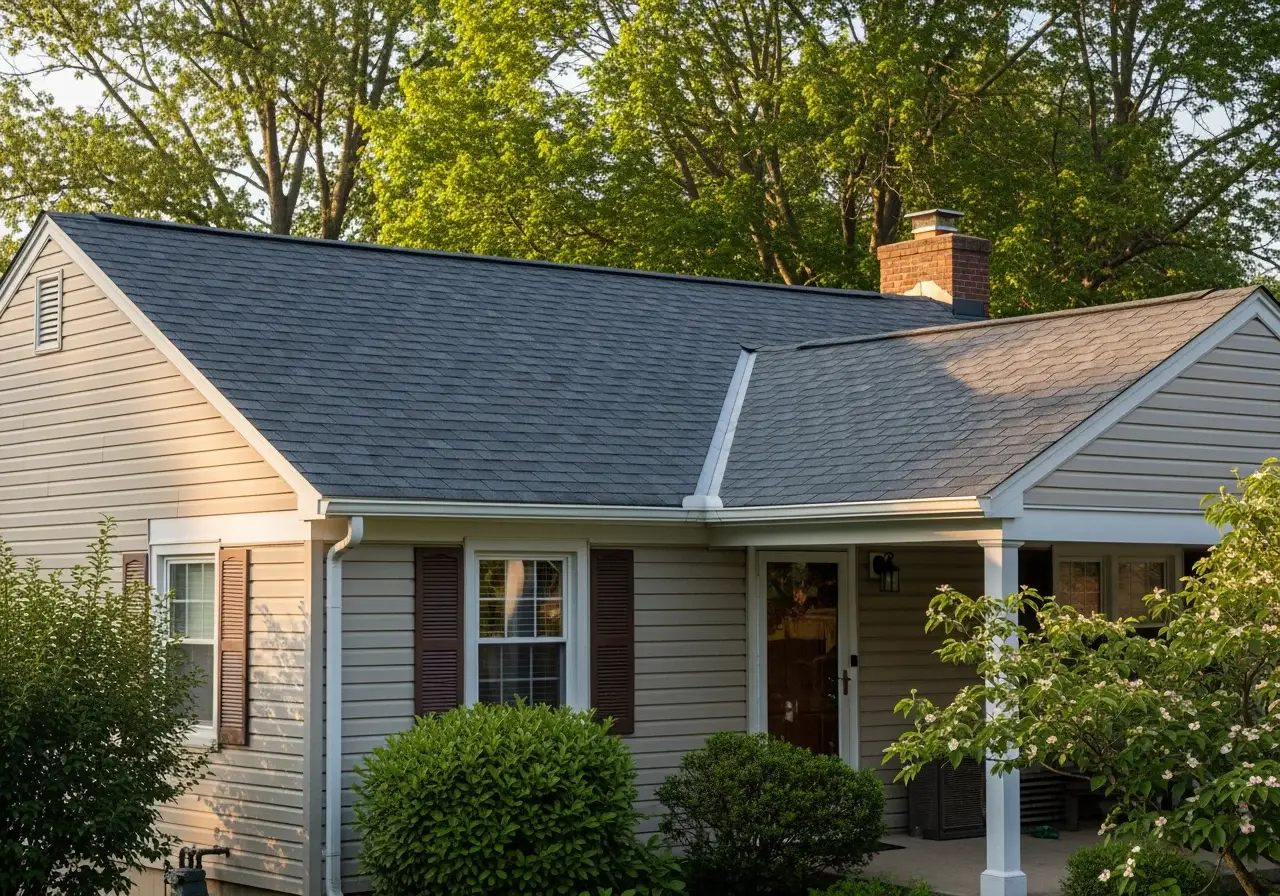 JDH Remodeling aerial completed Owens Corning Duration Estate Gray asphalt shingle roof replacement on a two-story Owings Maryland colonial inside the Northern High School catchment