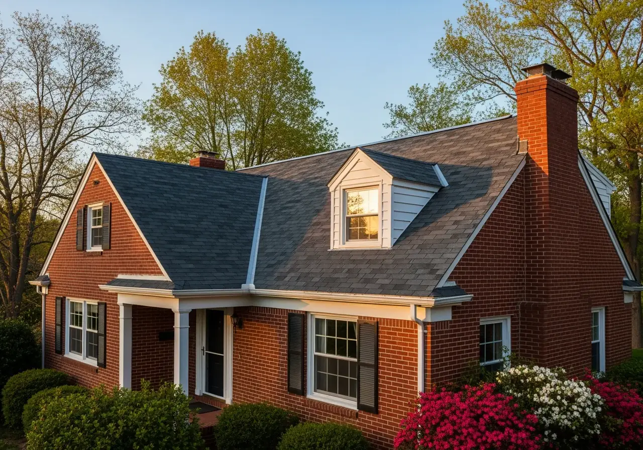 JDH Remodeling aerial completed Owens Corning Duration Estate Gray asphalt shingle roof replacement on a two-story Springfield Virginia colonial inside the West Springfield High School catchment