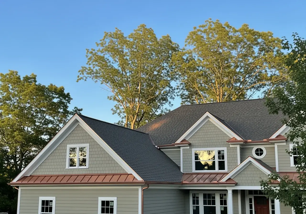 JDH Remodeling completed Owens Corning Duration Colonial Slate asphalt shingle roof on a Bryans Road Maryland home with white exterior and red shutters as a State Farm Insurance roof inspection install