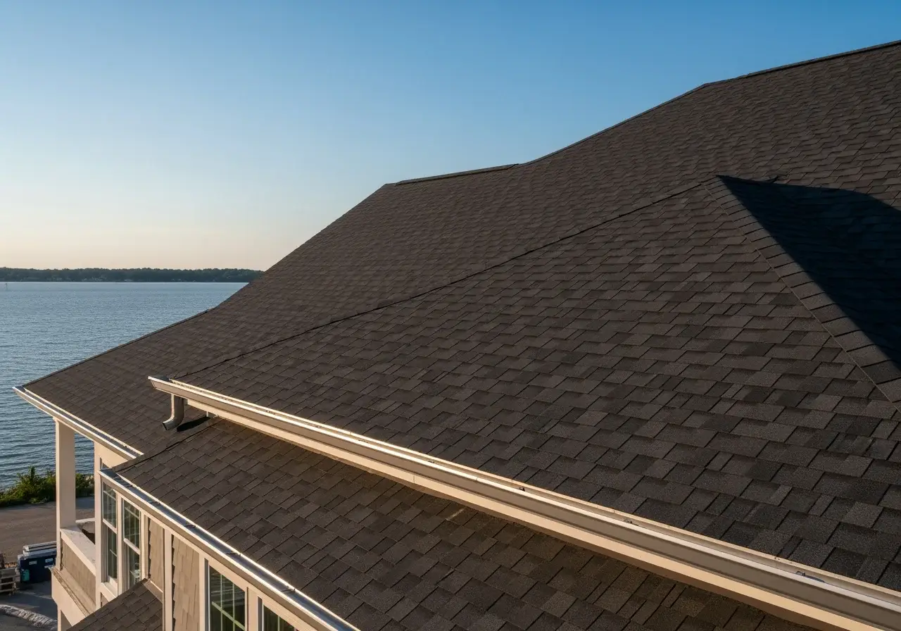 JDH Remodeling completed Owens Corning Duration Colonial Slate asphalt shingle roof on a Deale Maryland home with white exterior and red shutters as a State Farm Insurance roof inspection install