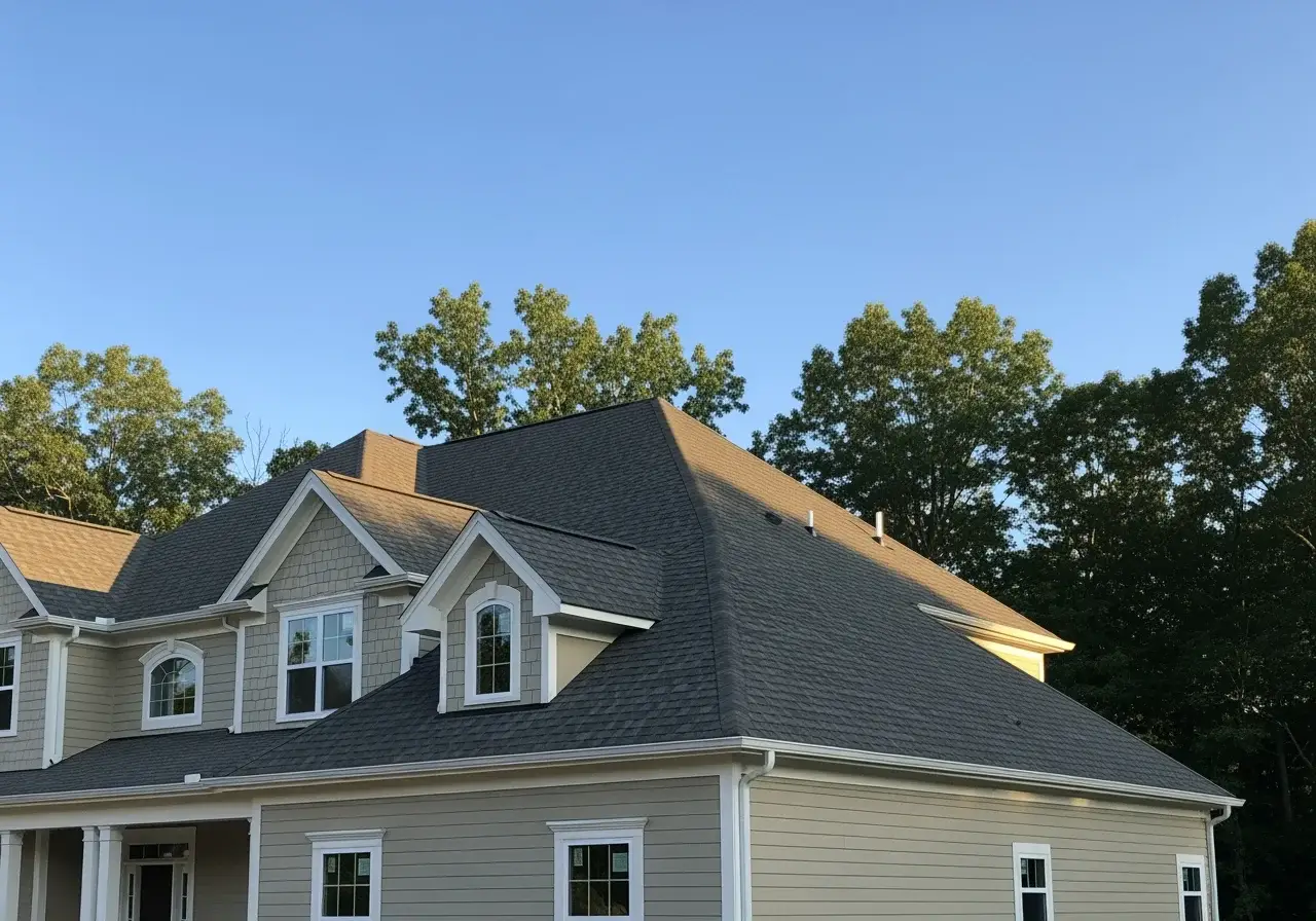 JDH Remodeling completed Owens Corning Duration Colonial Slate asphalt shingle roof on a Hollywood Maryland home with white exterior and red shutters as a State Farm Insurance roof inspection install