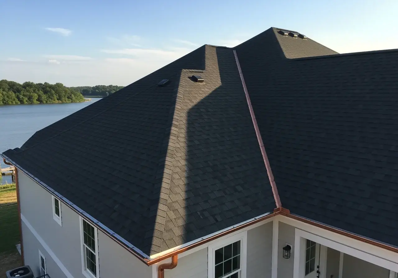 JDH Remodeling completed Owens Corning Duration Colonial Slate asphalt shingle roof on a Stafford Maryland home with white exterior and red shutters as a State Farm Insurance roof inspection install
