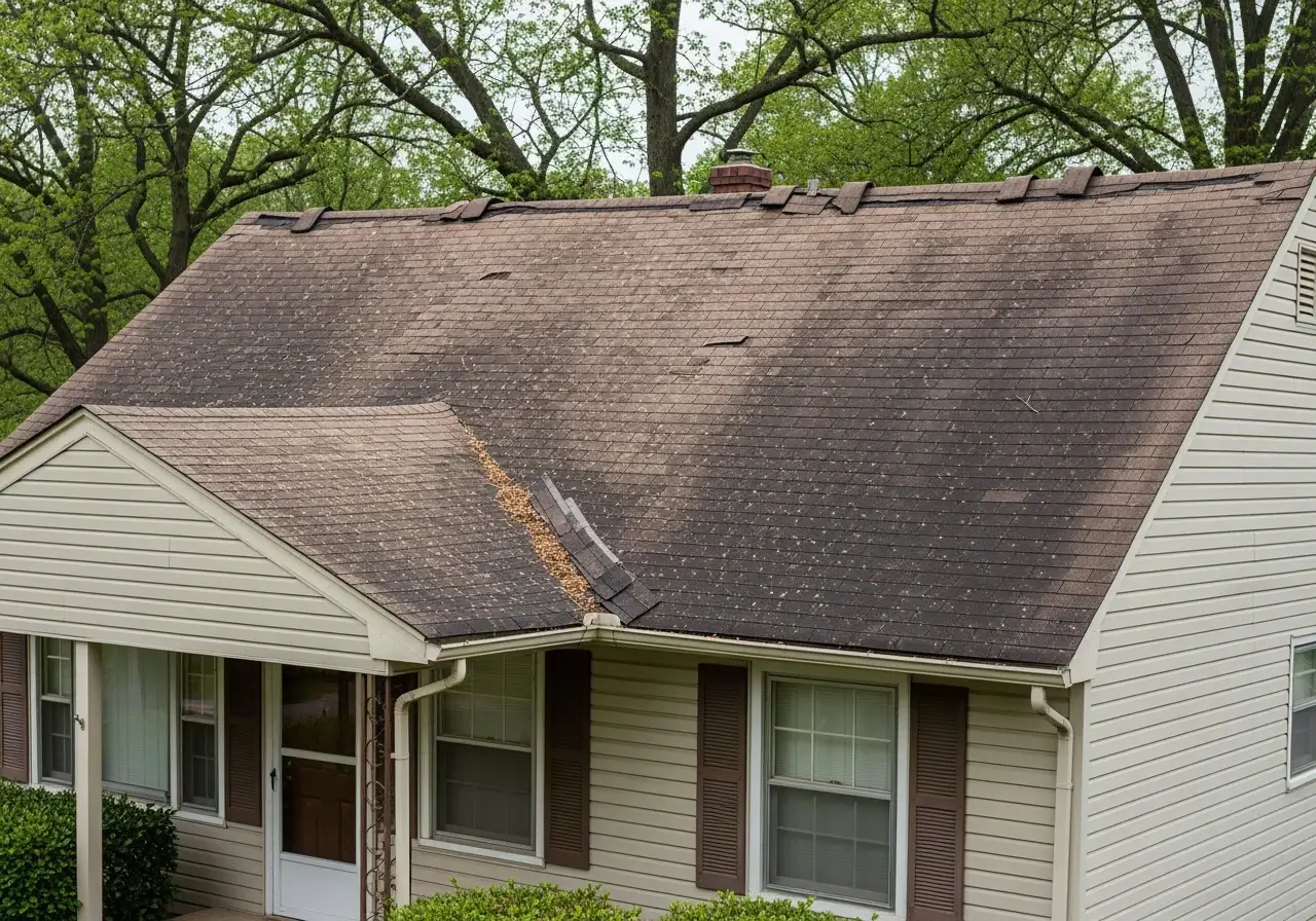 JDH Remodeling HAAG Master Certified roofer inspecting an autumn-covered Owings Maryland roof with clipboard documenting wear and pre-listing scope of work