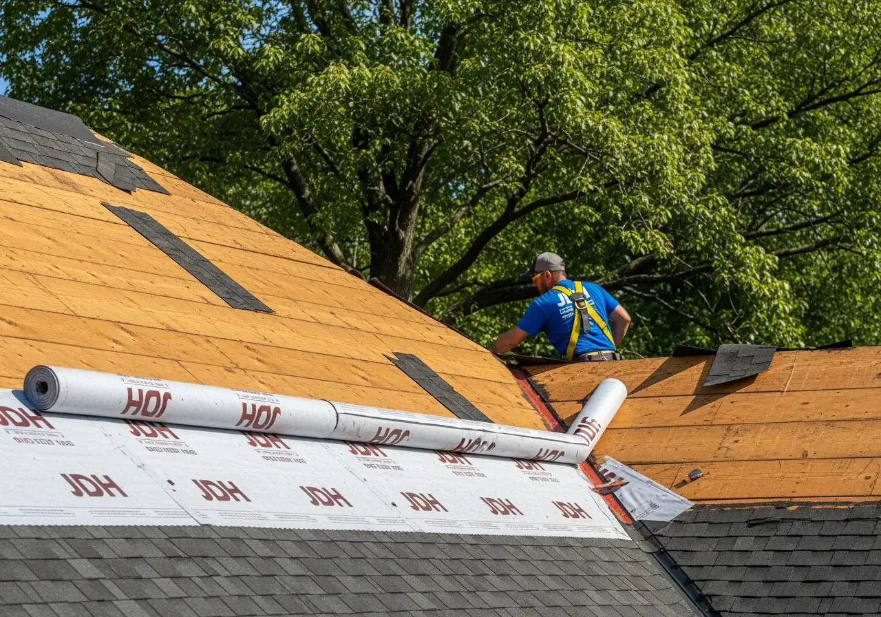 Aerial view of a Bryans Road Maryland residential home during active roof replacement with tear-off and new shingles in progress documented by JDH Remodeling