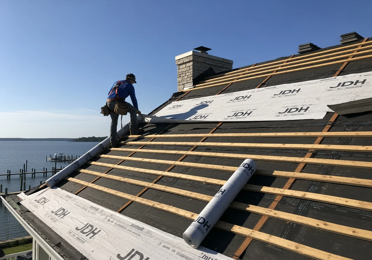 Aerial view of a Deale Maryland residential home during active roof replacement with tear-off and new shingles in progress documented by JDH Remodeling