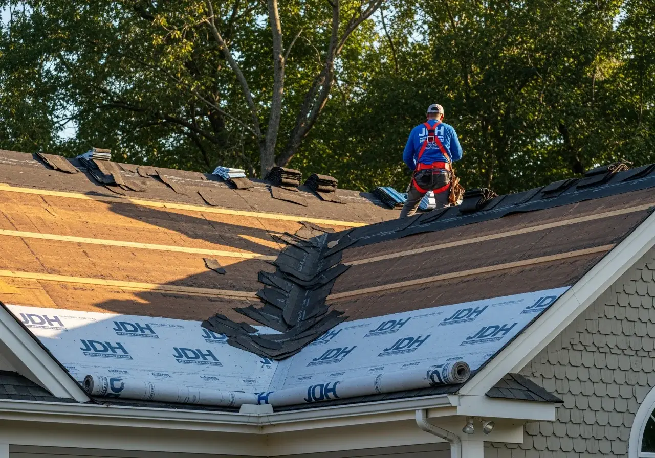 Aerial view of a Hollywood Maryland residential home during active roof replacement with tear-off and new shingles in progress documented by JDH Remodeling