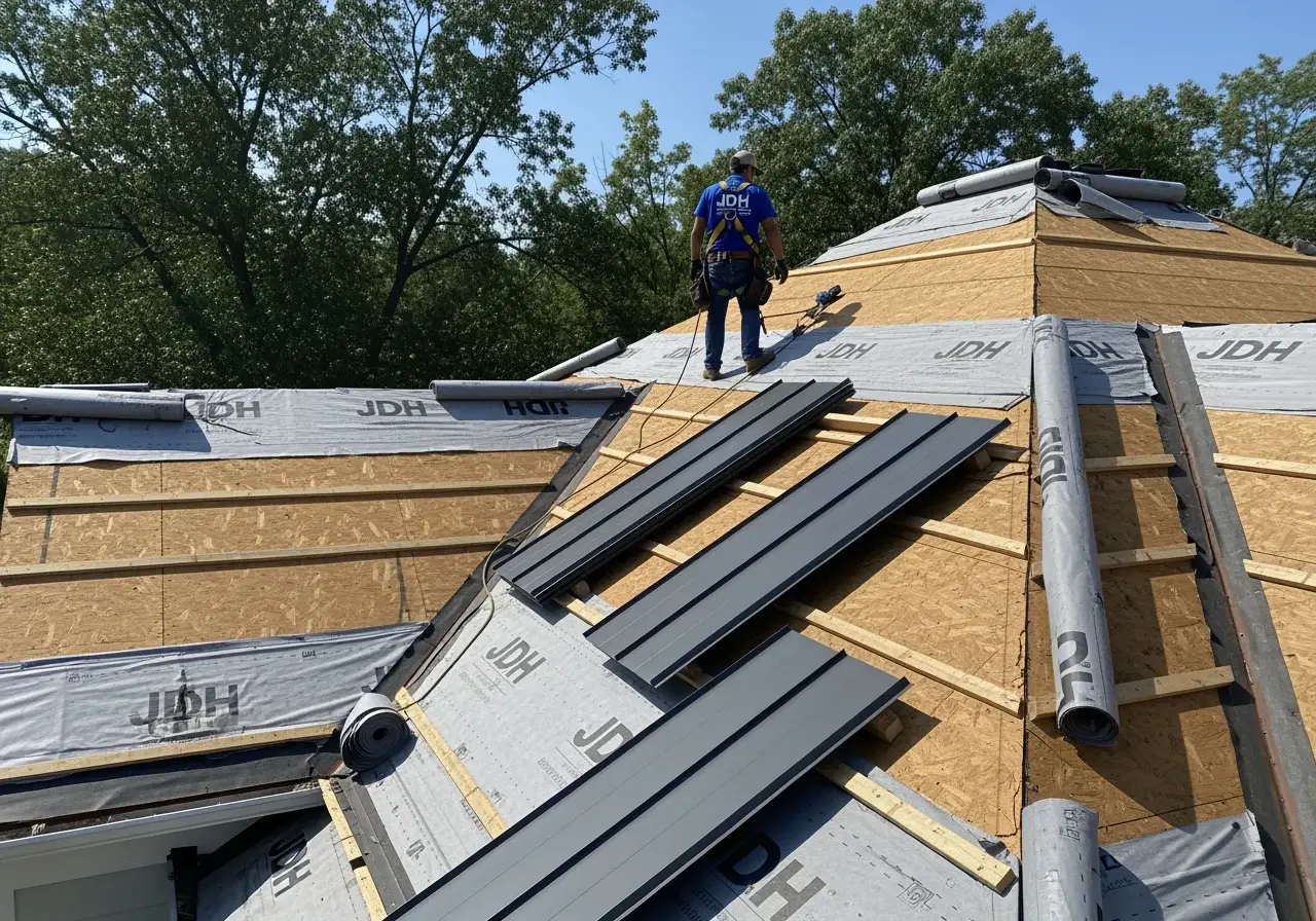 Aerial view of a Springfield Virginia residential home during active roof replacement with tear-off and new shingles in progress documented by JDH Remodeling