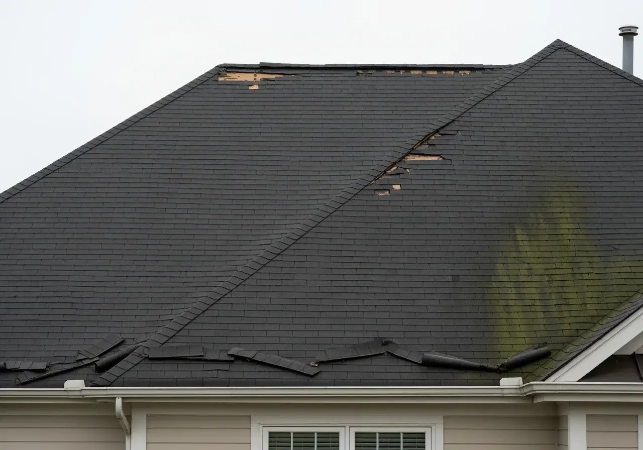 Asphalt shingle roof on a Belair Bowie Maryland Levitt-tract Cape Cod showing wind-uplift damage and ridge-cap failure after the September 2024 EF-1 tornado, before JDH Remodeling replacement documented by HAAG Master Certified inspector